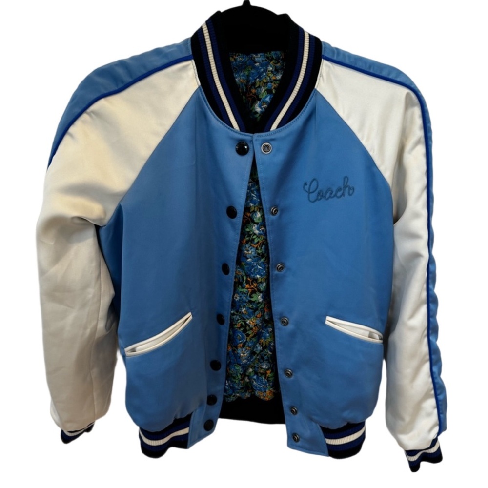 COACH Women's Blue Floral Reversible Bomber Varsity Jacket Size XS.